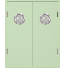 Маятниковая двупольная дверь КАПЕЛЬ Classic, Ментоловый RAL 6019, с иллюминатором, матовое стекло